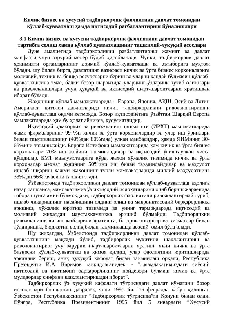 Кичик бизнес ва хусусий тадбиркорлик фаолиятини давлат томонидан қўллаб-қувватлаш ҳамда иқтисодий рағбатлантириш йўналишлари