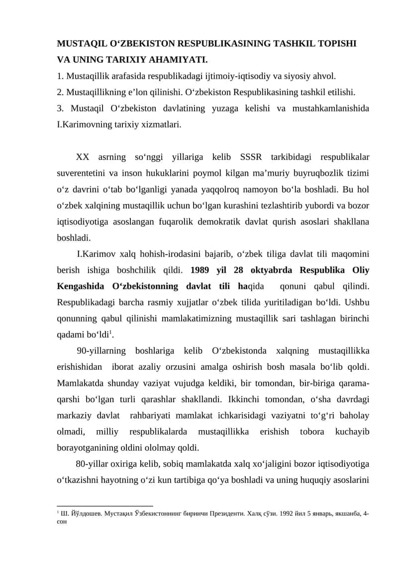 MUSTAQIL O‘ZBEKISTON RESPUBLIKASINING TASHKIL TOPISHI VA UNING TARIXIY AHAMIYATI