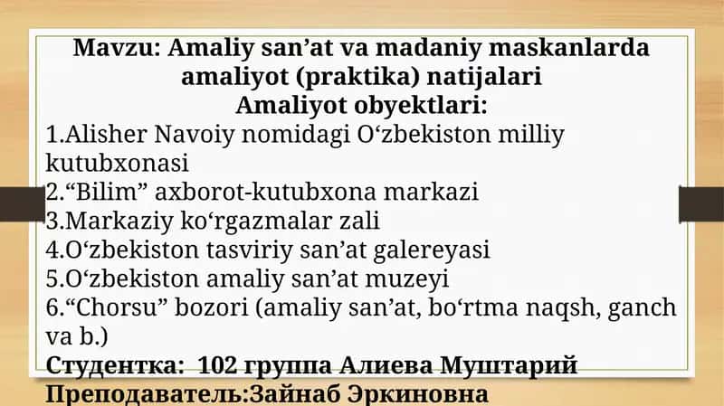 Amaliysan’at va madaniy maskanlarda amaliyot (praktika) natijalari