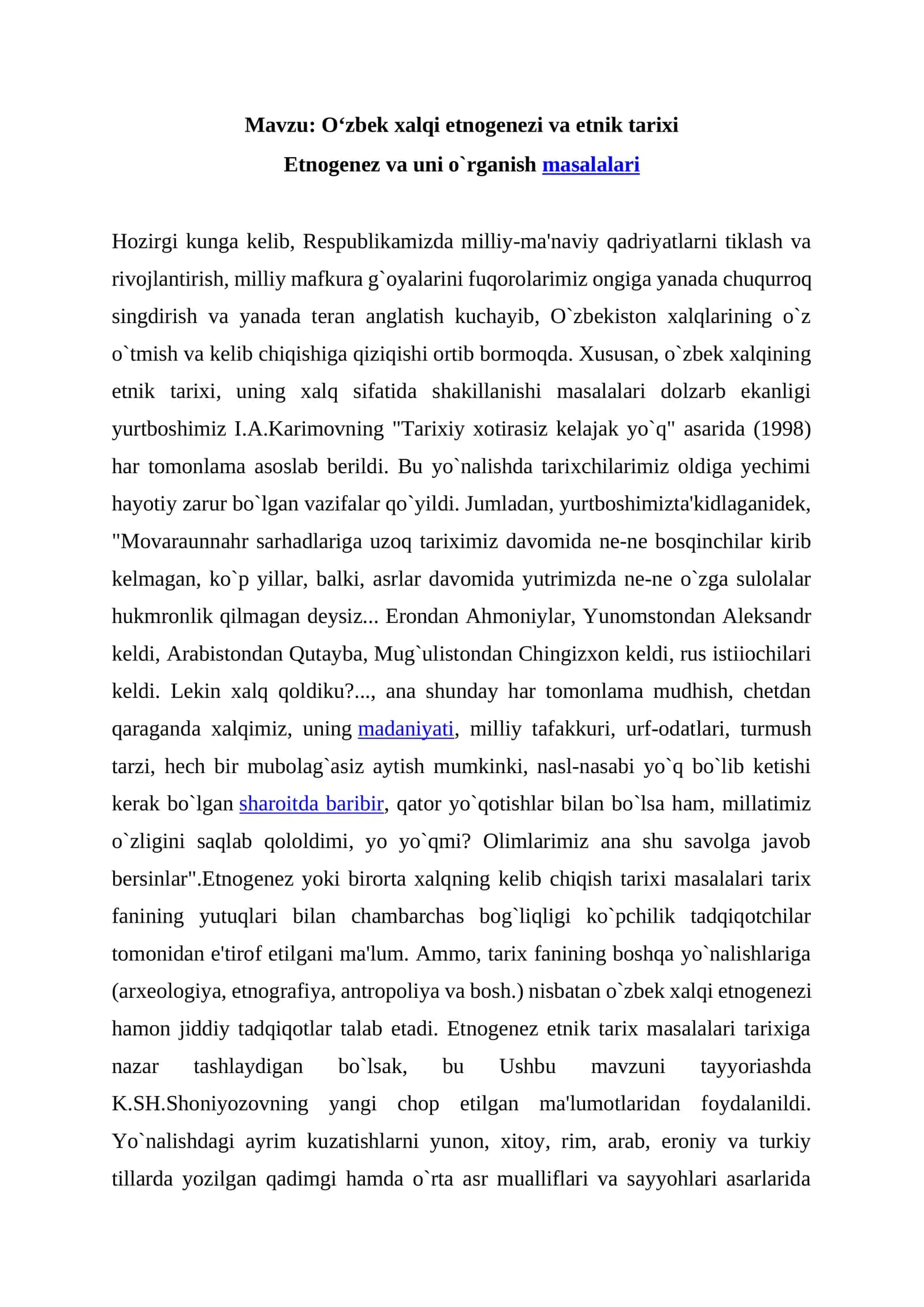 Oʻzbek xalqi etnogenezi va etnik tarixi
