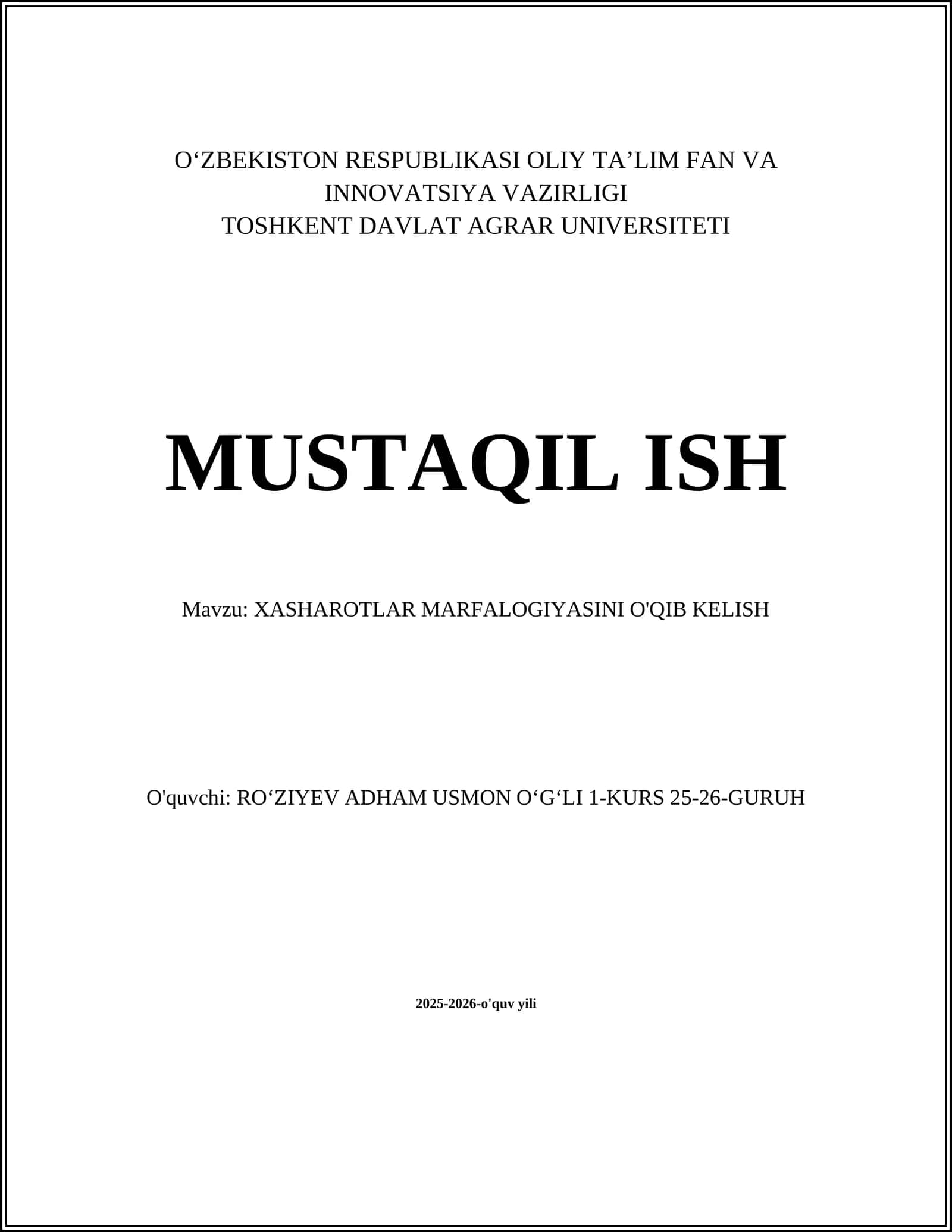 XASHAROTLAR MARFALOGIYASINI O'QIB KELISH