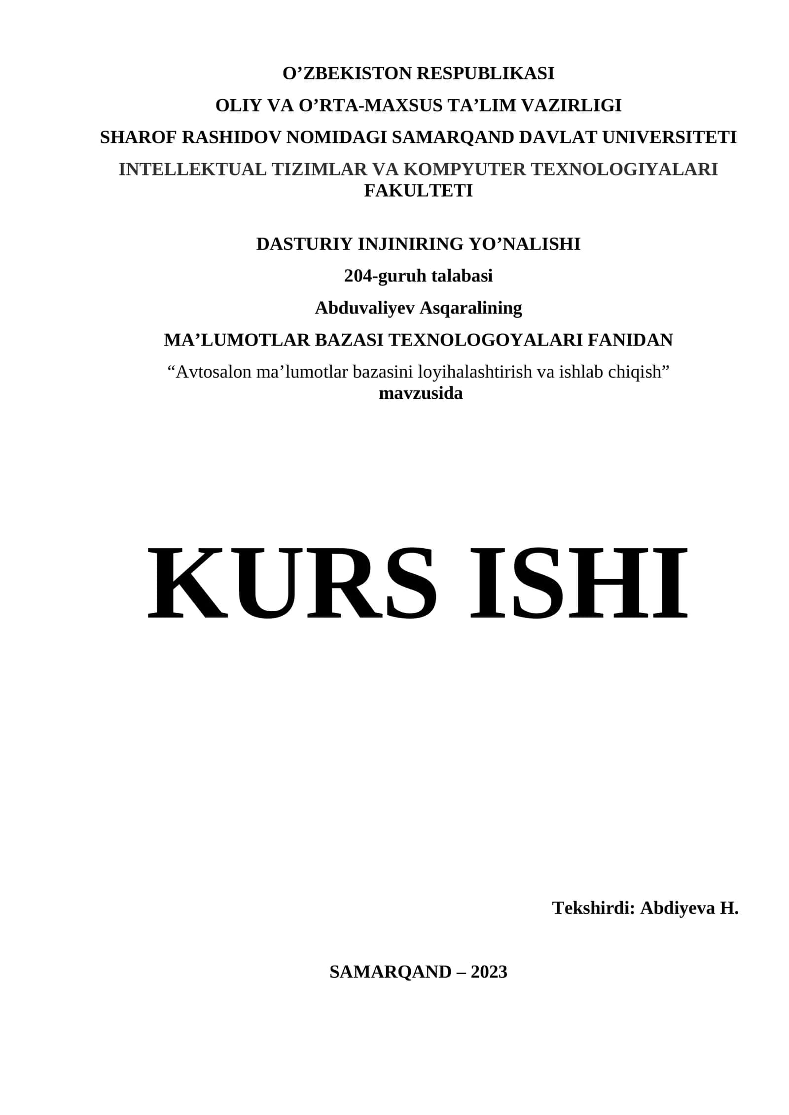 Avtosalon ma’lumotlar bazasini loyihalashtirish va ishlab chiqish