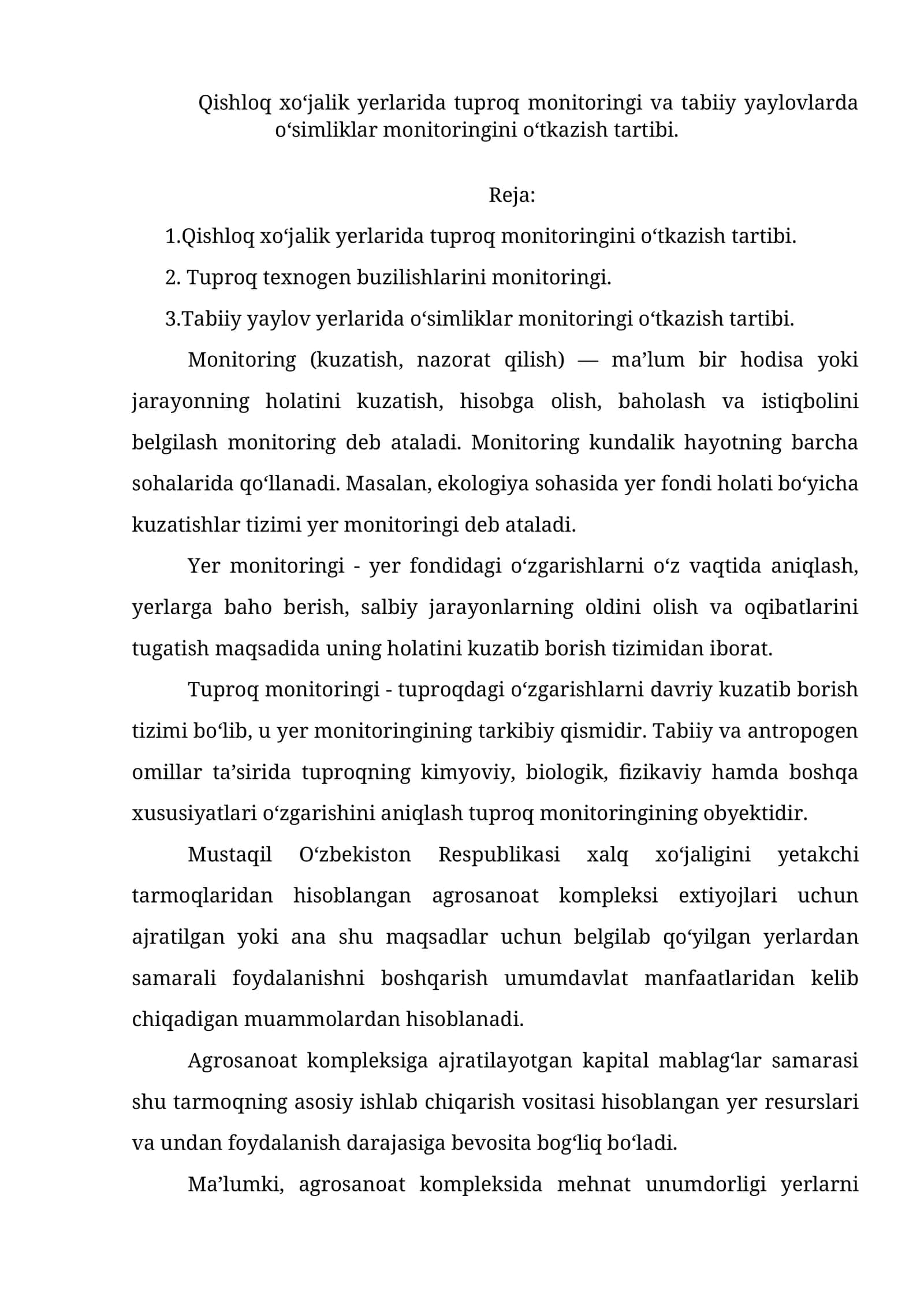 Tuproq va o‘simliklar monitoringi