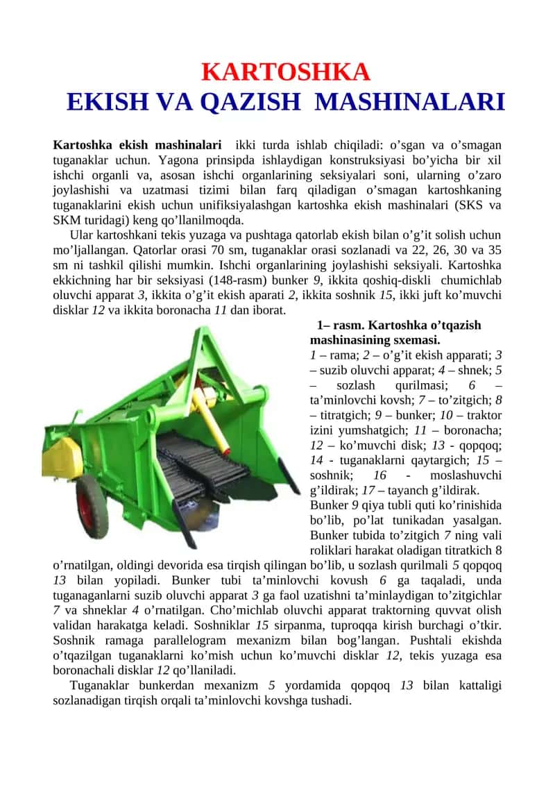 Kartoshka ekish mashinalari