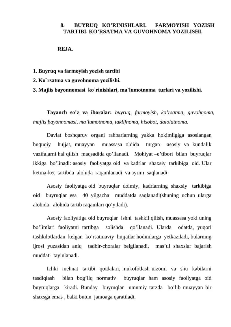 BUYRUQ KO’RINISHLARI. FARMOYISH YOZISH TARTIBI. KO’RSATMA VA GUVOHNOMA YOZILISHI