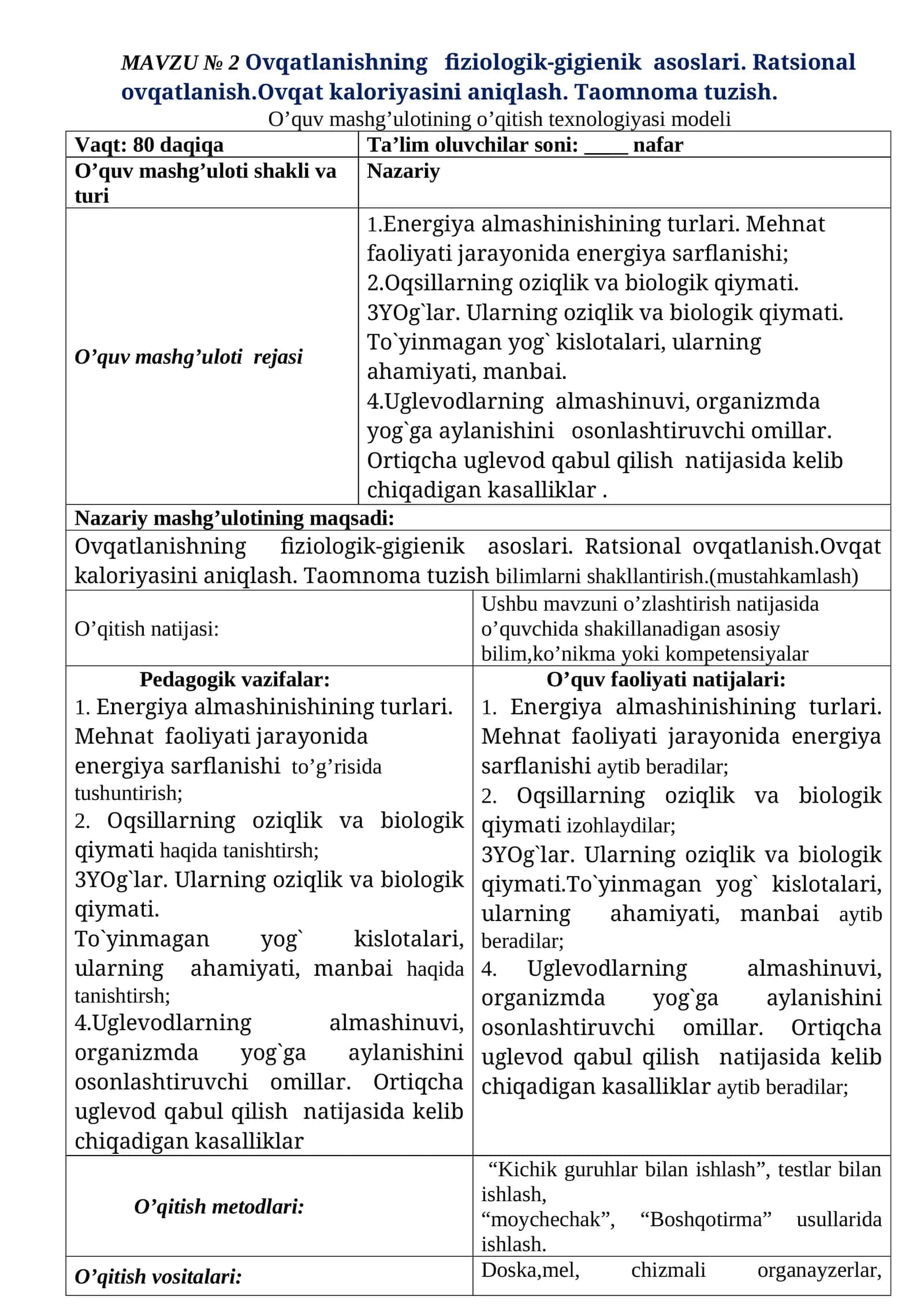 MAVZU № 2 Ovqatlanishning fiziologik-gigienik asoslari