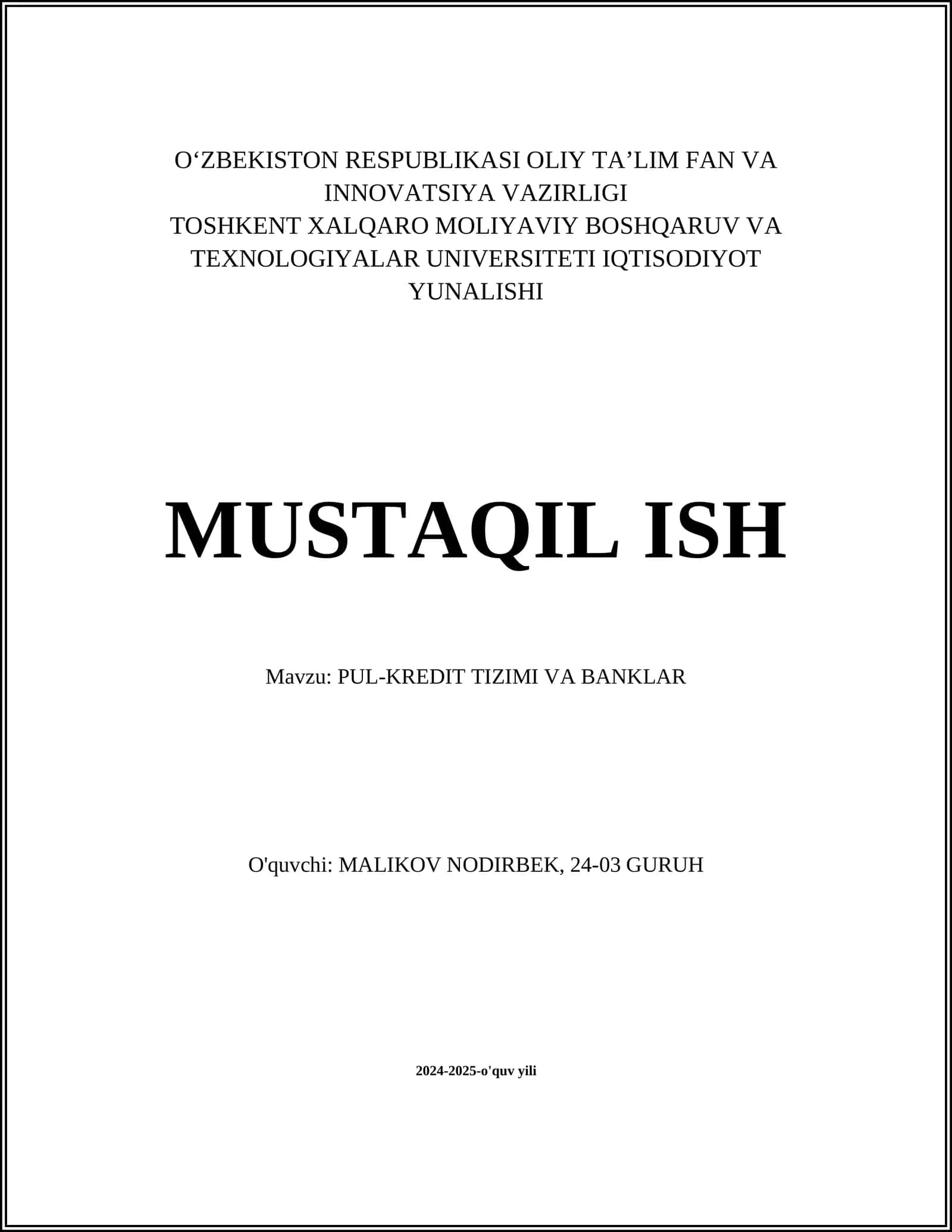 PUL-KREDIT TIZIMI VA BANKLAR