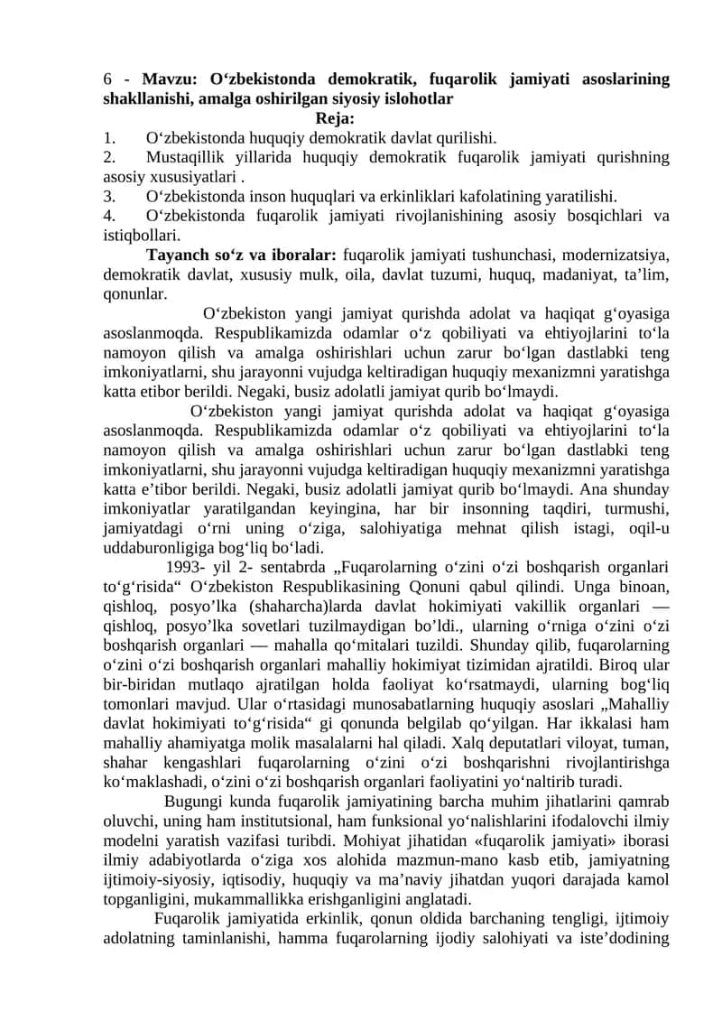 O'zbekistonda demokratik, fuqarolik jamiyati asoslarining shakllanishi