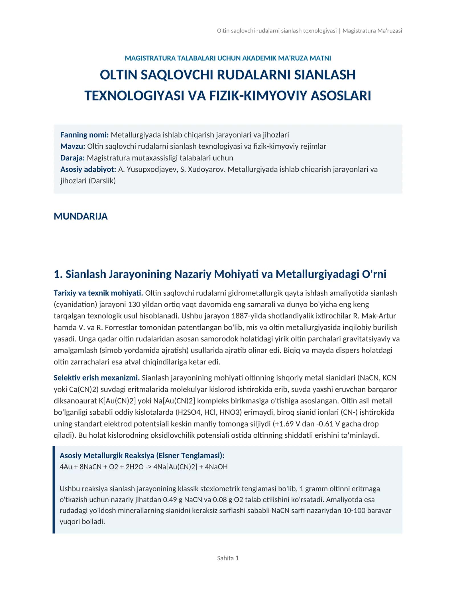 Metallurgiyada ishlab chiqarish jarayonlari va jihozlari