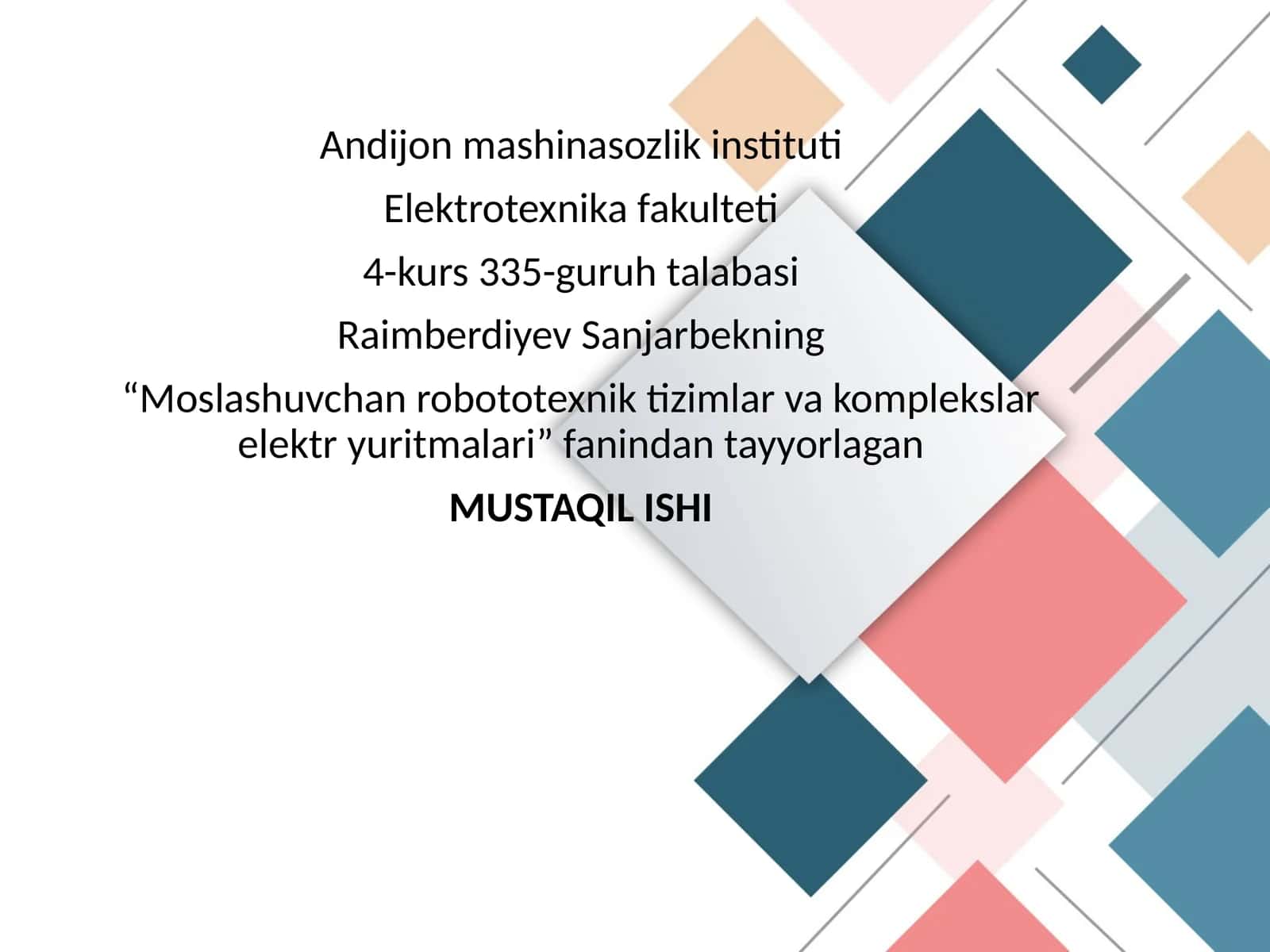 Mavzu: Elektrotexnika fakulteti - Komplekt elektryuritma tizimlari
