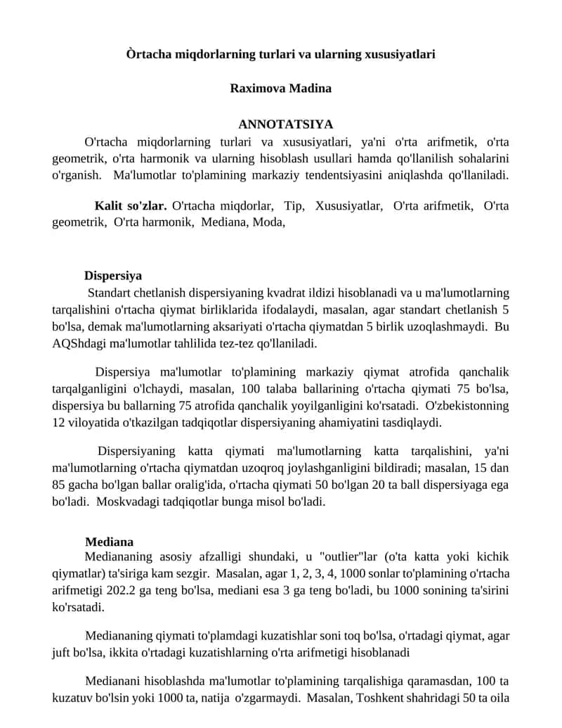 Òrtacha miqdorlarning turlari va ularning xususiyatlari