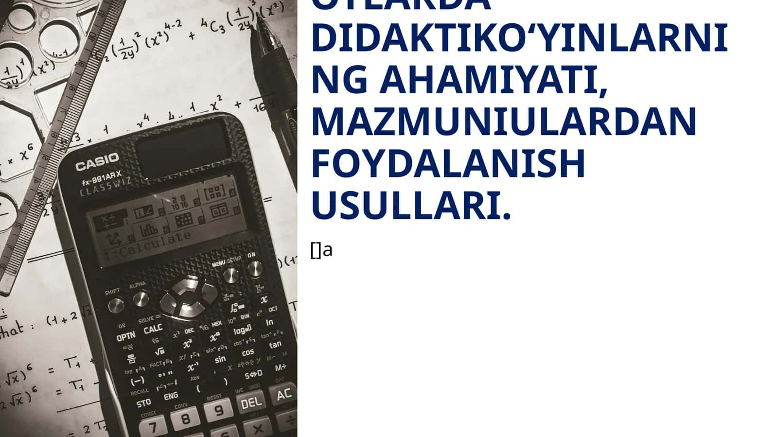 MATEMATIKADAN EKSKURSIYALAR, ERTALIKLAR, O‘YINLARNI TAYYORLASH VA O‘TKAZISH METODIKASI. SINFDAN TASHQARI MASHG‘ULOTLARDA DIDAKTIK O‘YINLARNING AHAMIYATI, MAZMUNI ULARDAN FOYDALANISH USULLARI