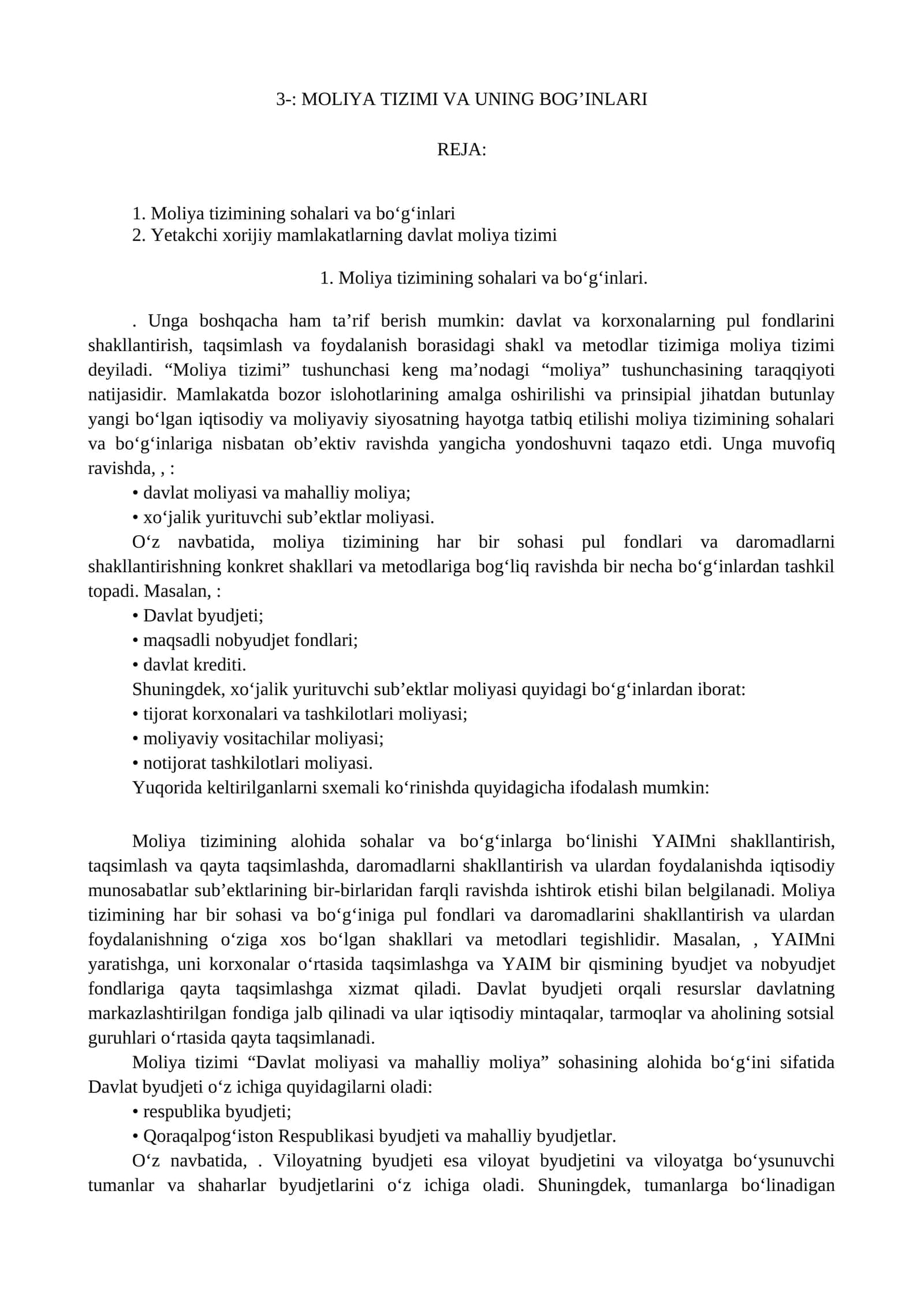 Moliya tizimi va uning bo'g'inlari