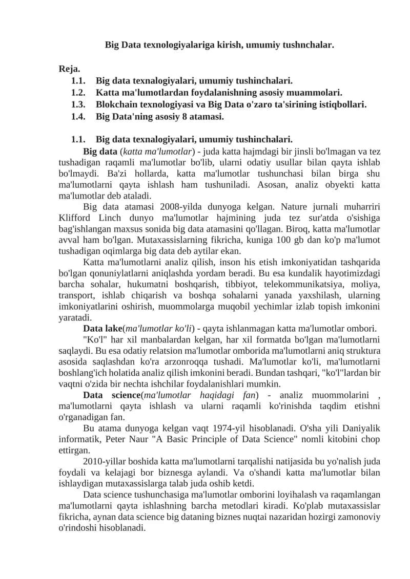 Big Data texnologiyalariga kirish, umumiy tushnchalar.
