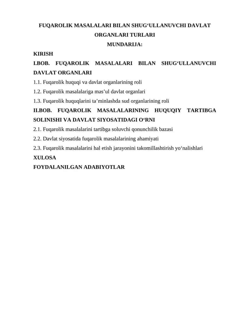 Fuqarolik Masalalari Bilan Shug‘ullanuvchi Davlat Organlari Turlari