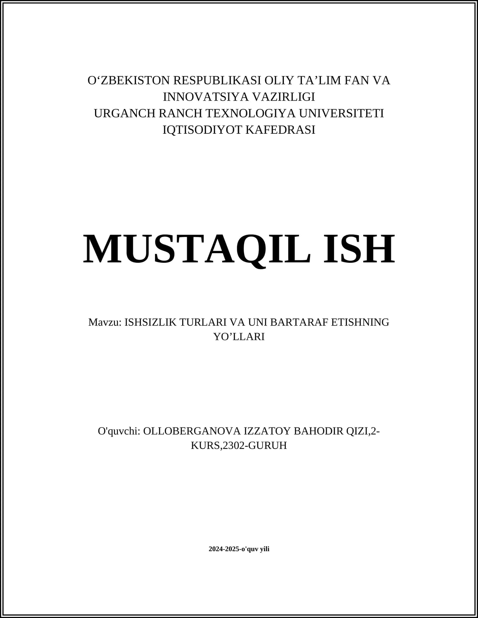 Ishsizlik Turlari va Uni Bartaraf Etishning Yo'llari