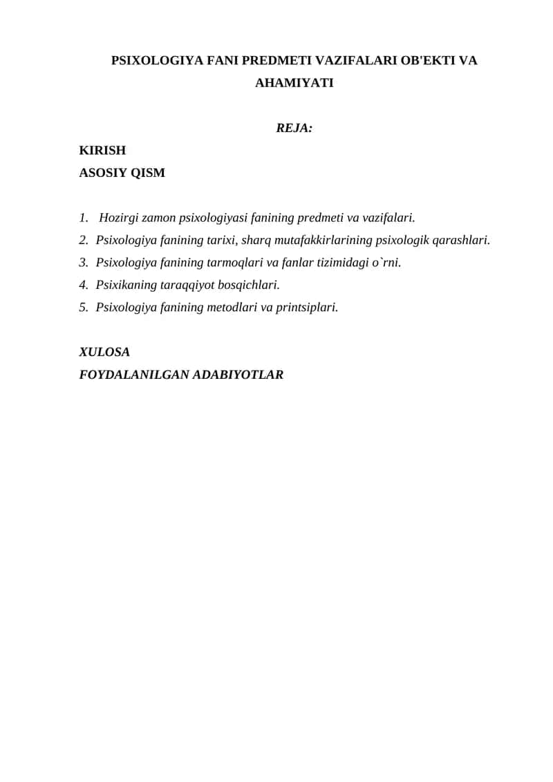 PSIXOLOGIYA FANI PREDMETI VAZIFALARI OB'EKTI VA AHAMIYATI