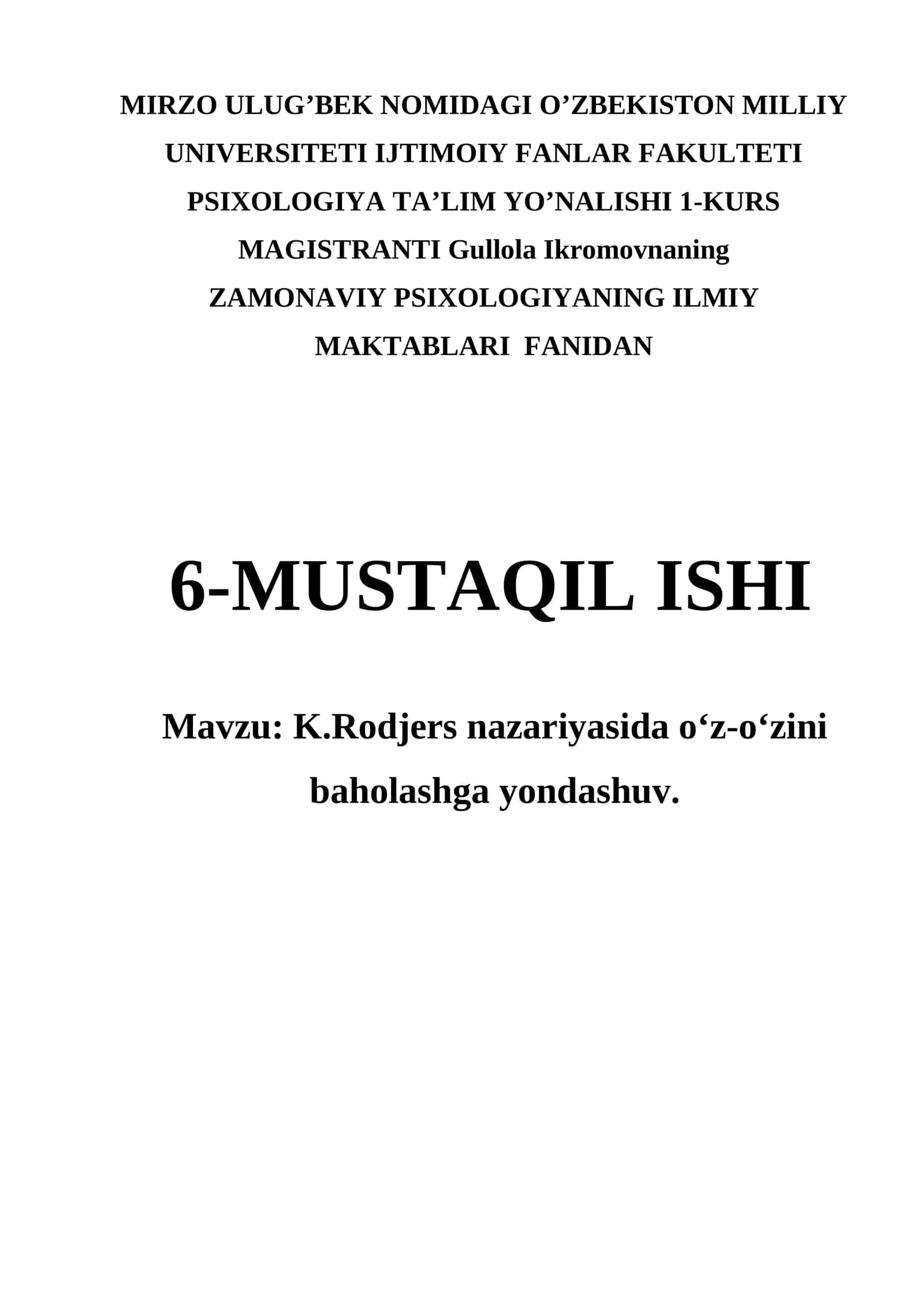 K.Rodjers nazariyasida o‘z-o‘zini baholashga yondashuv