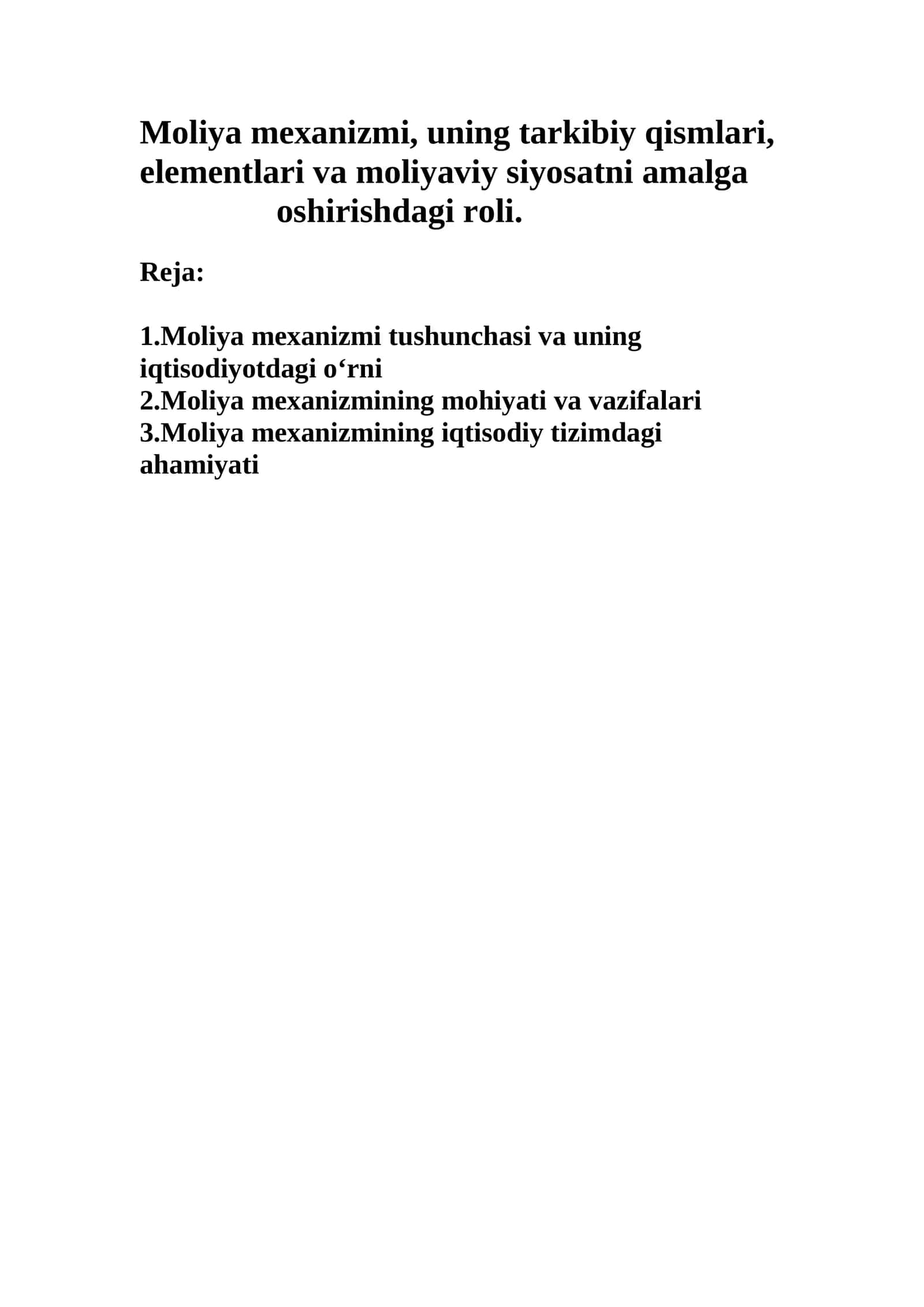 Moliya mexanizmi tushunchasi va uning iqtisodiyotdagi o‘rni
