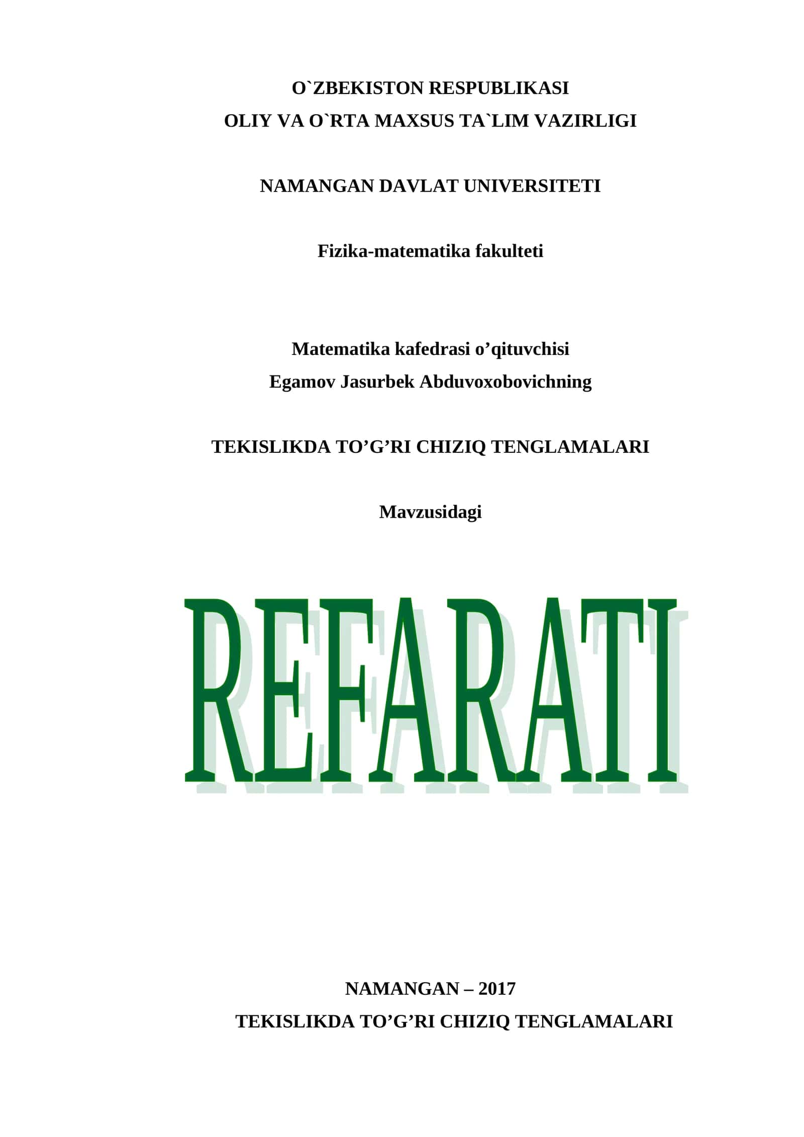 TEKISLIKDA TO’G’RI CHIZIQ TENGLAMALARI