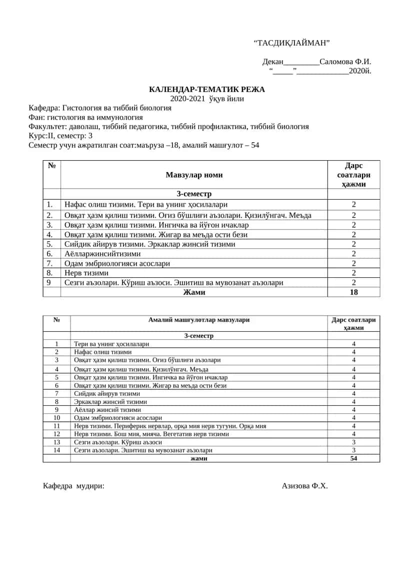 Календар-тематик режа 2020-2021 ўқув йили