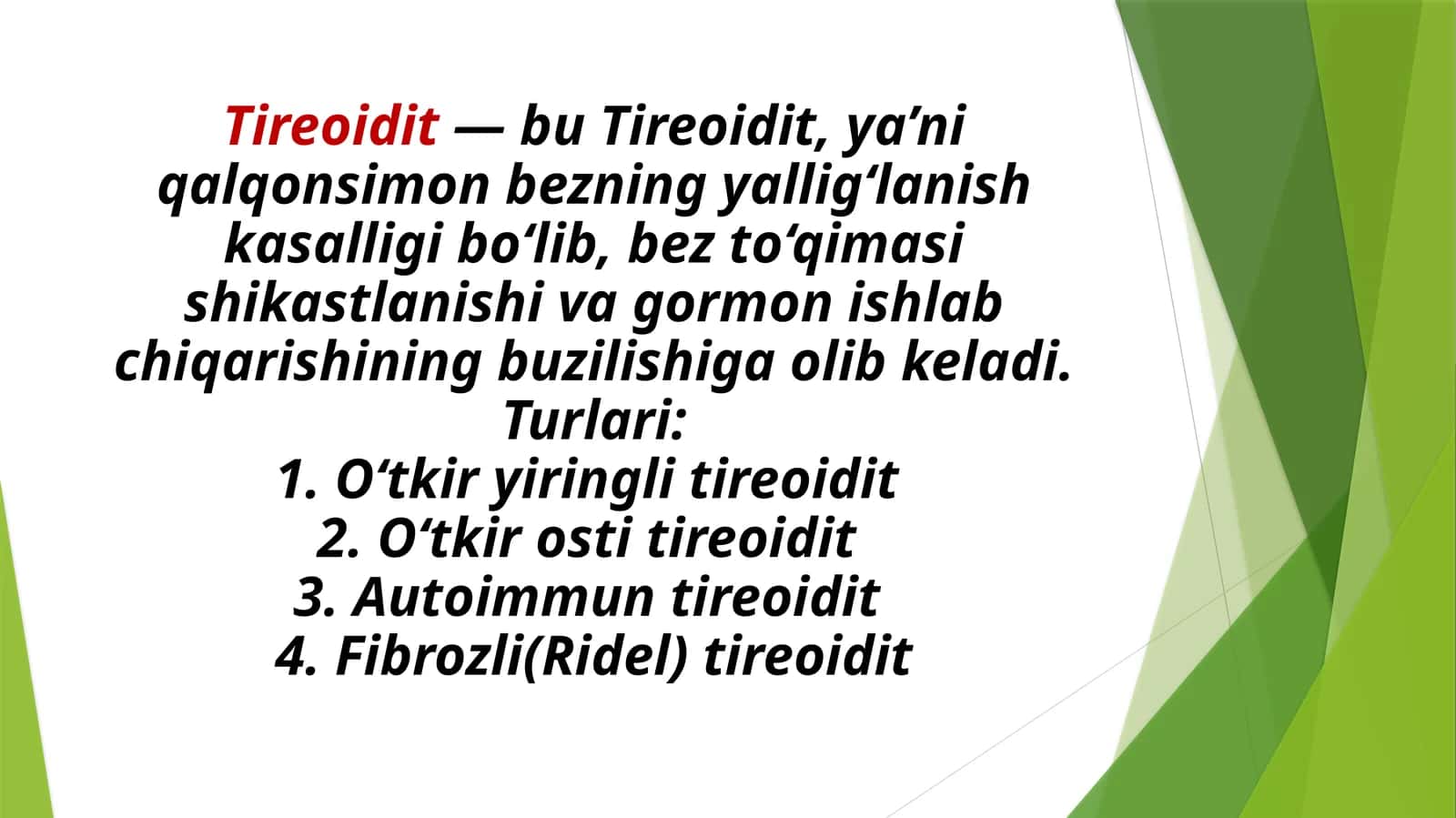 Tireoidit kasalligi etiologiyasi, patogenezi, klinikasi, tashxislash va davolash uskunalari