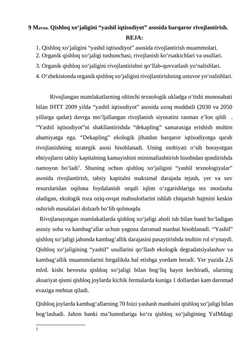Qishloq xo‘jaligini “yashil iqtisodiyot” asosida barqaror rivojlantirish