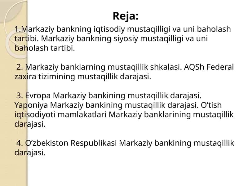 Markaziy bankning iqtisodiy mustaqilligi va uni baholash tartibi