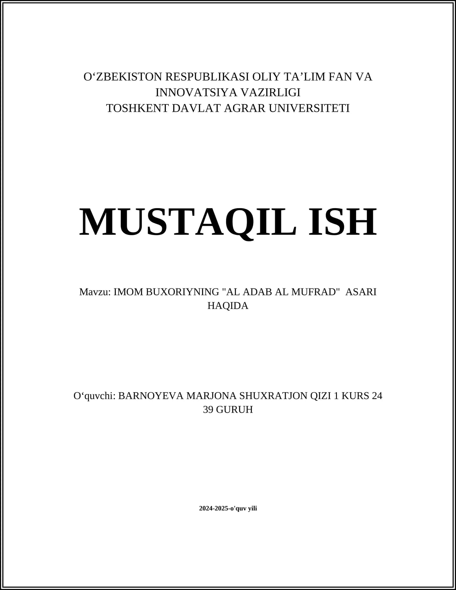 IMOM BUXORIYNING "AL ADAB AL MUFRAD" ASARI HAQIDA