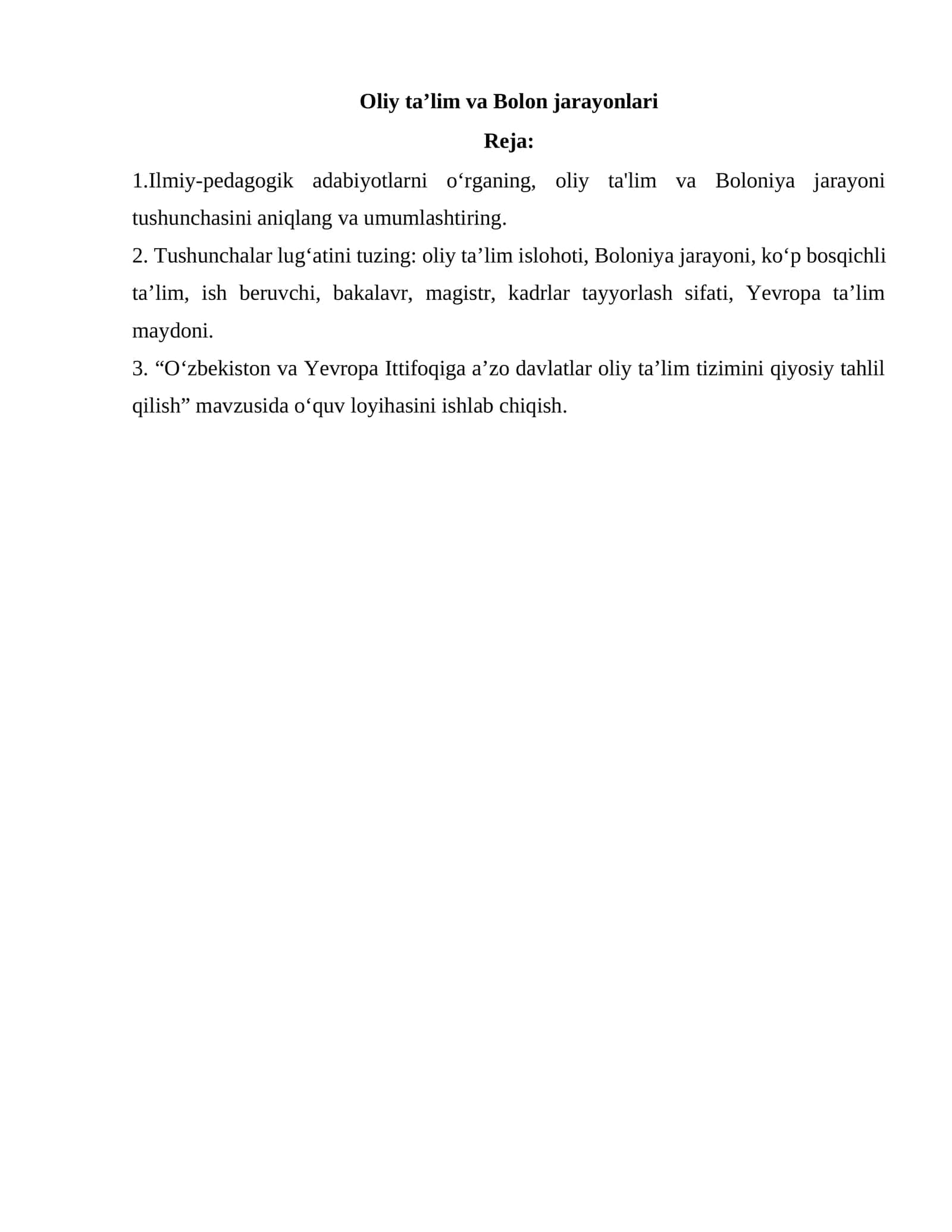 Oliy ta’lim va Bolon jarayonlari