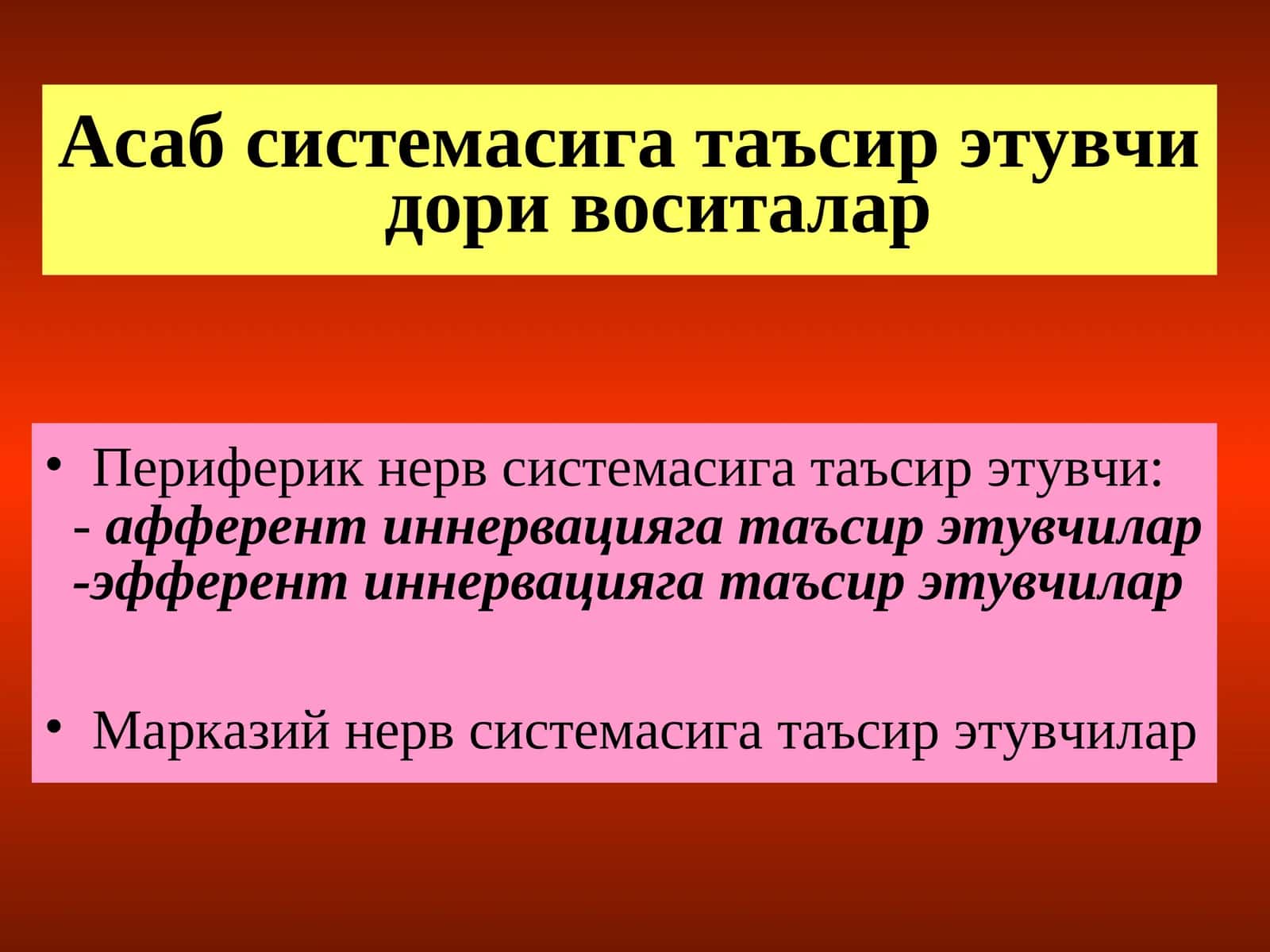 Афферент нерв сезувчанлигини сусайтирувчи моддалар ва анестетиклар