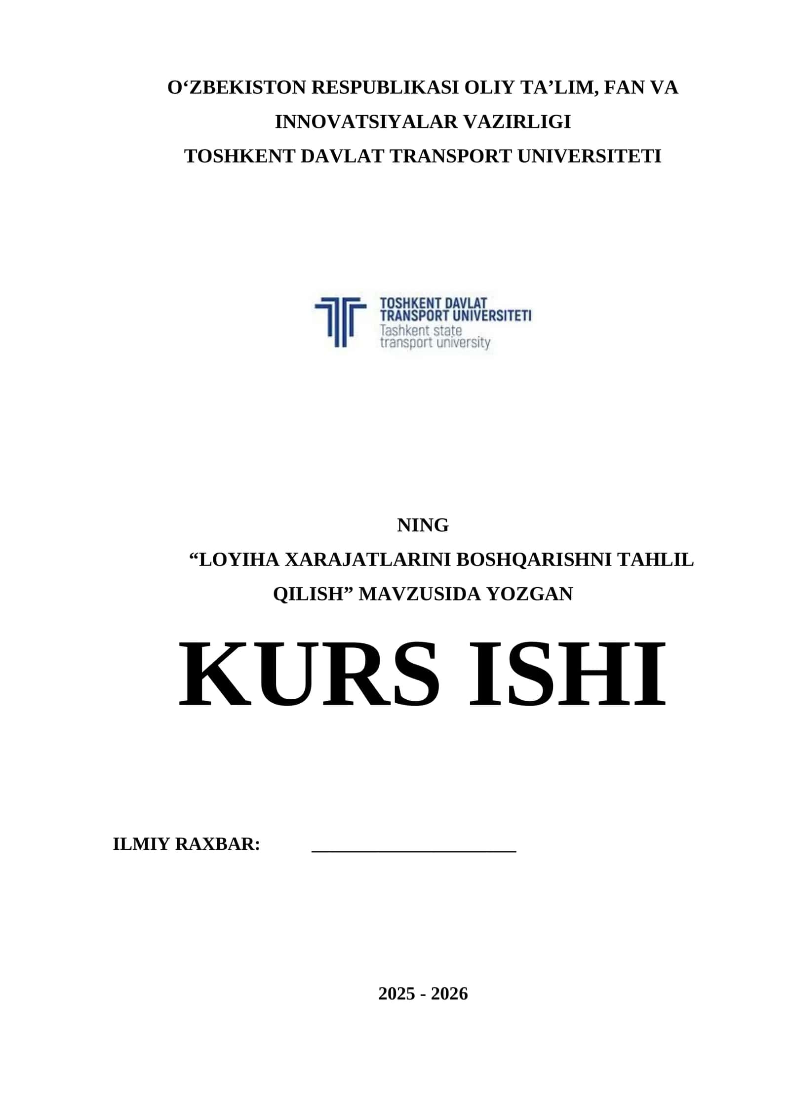 LOYIHA XARAJATLARINI BOSHQARISHNI TAHLIL QILISH