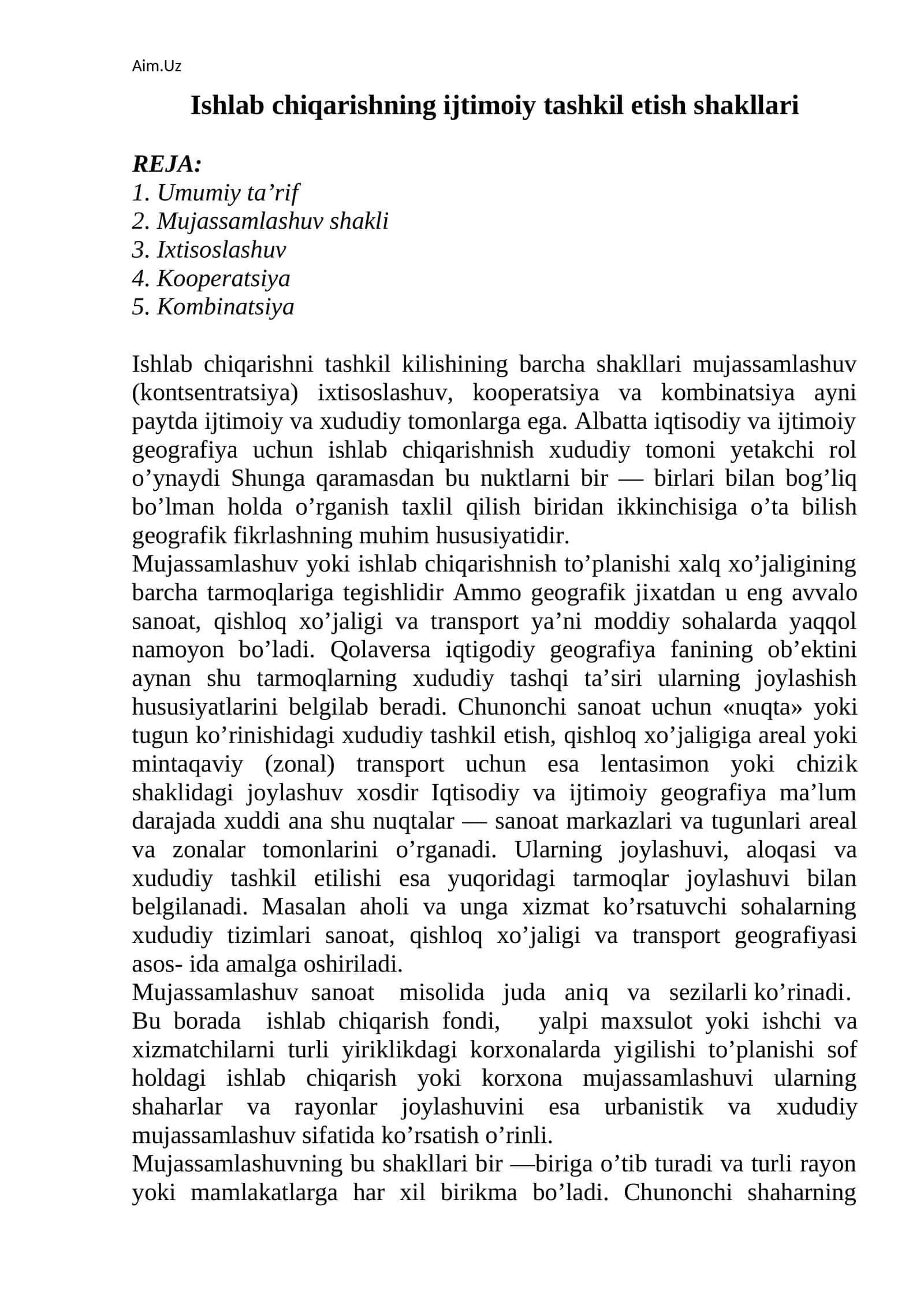 Ishlab chiqarishning ijtimoiy tashkil etish shakllari