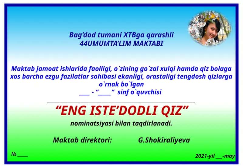 Faxriy yorliqlar va tashakkurnomalar shabloni