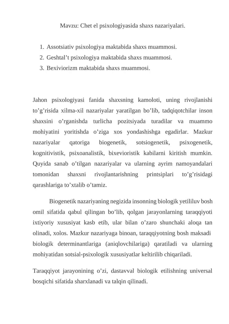 Chеt el psiхоlоgiyasida shaxs nazariyalari
