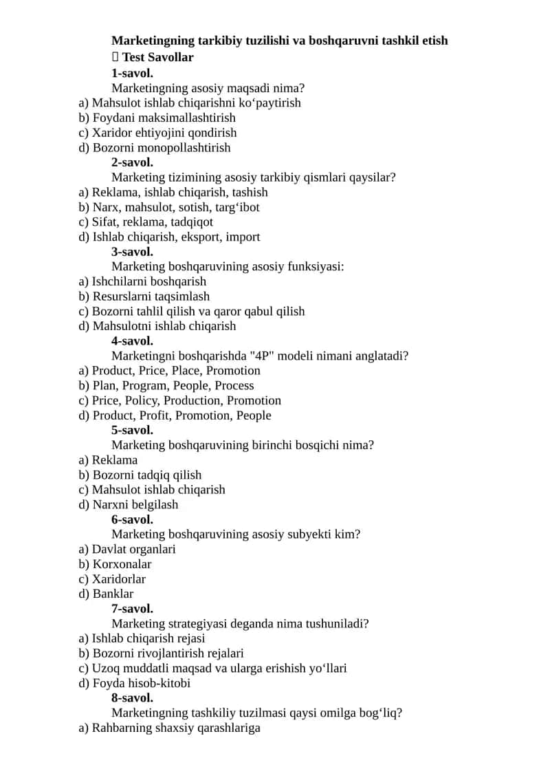 Marketingning tarkibiy tuzilishi va boshqaruvni tashkil etish