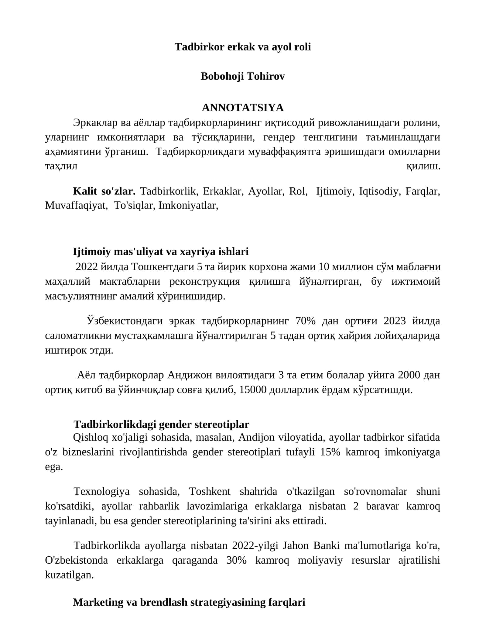 Tadbirkor erkak va ayol roli