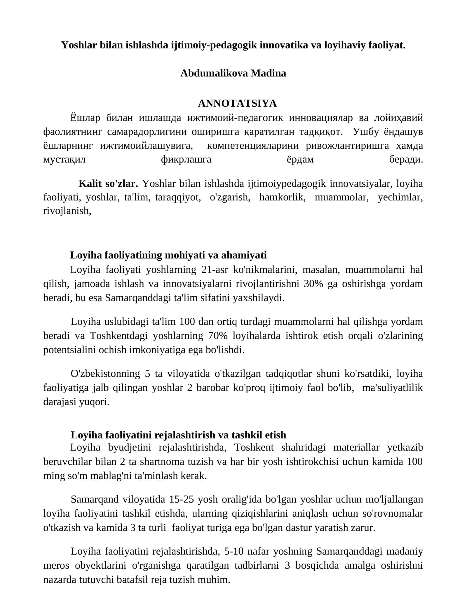 Yoshlar bilan ishlashda ijtimoiy-pedagogik innovatika va loyihaviy faoliyat