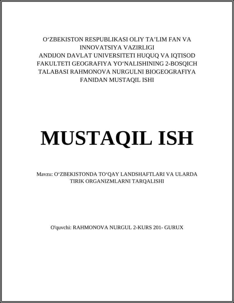 TOʻQAY LANDSHAFTLARI VA ULARDA TIRIK ORGANIZMLARNI TARQALISHI
