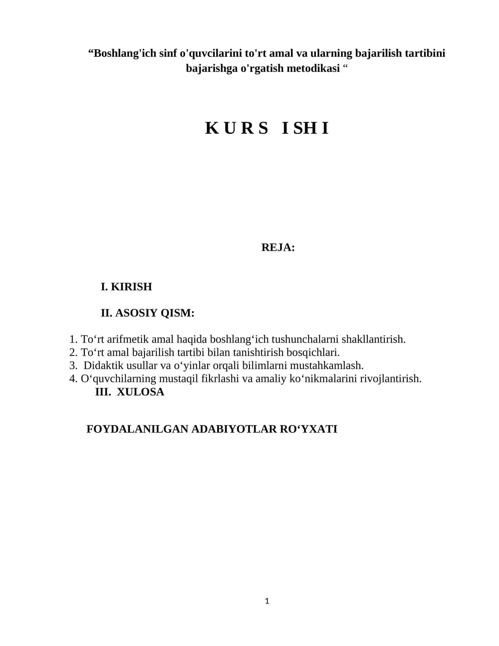 Boshlang'ich sinf o'quvcilarini to'rt amal va ularning bajarilish tartibini bajarishga o'rgatish metodikasi
