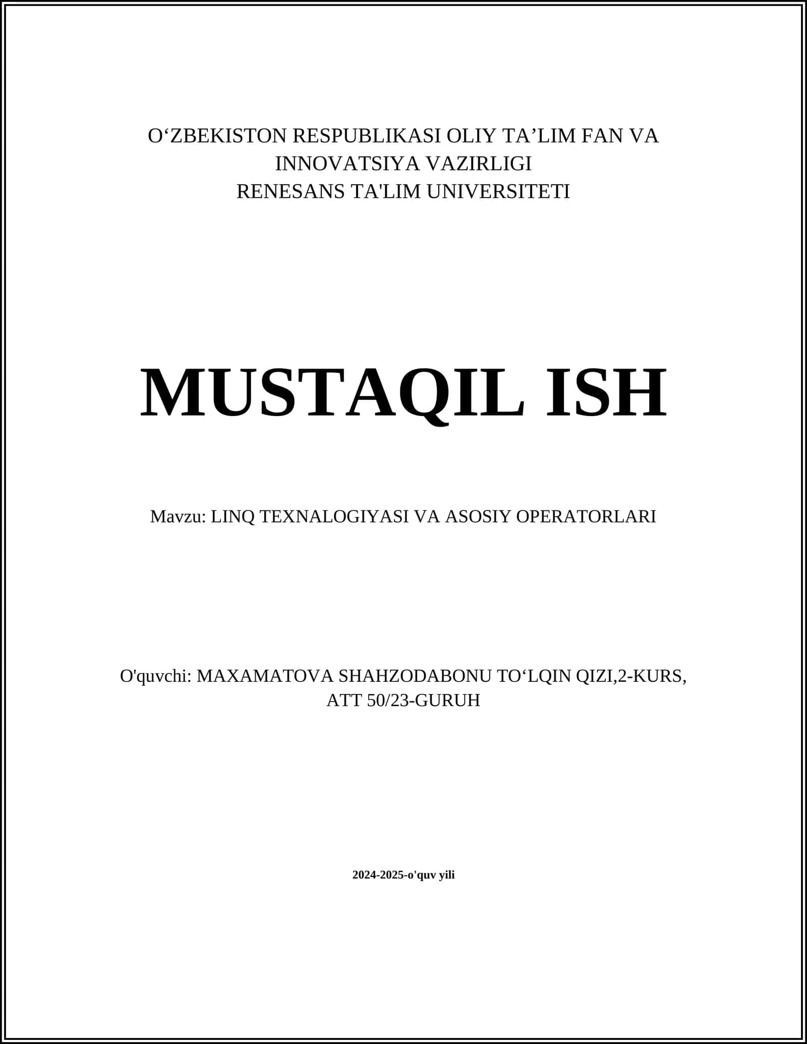 LINQ TEXNALOGIYASI VA ASOSIY OPERATORLARI