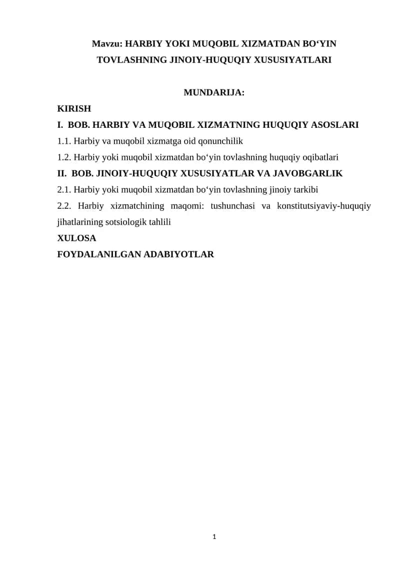 HARBIY YOKI MUQOBIL XIZMATDAN BO‘YIN TOVLASHNING JINOIY-HUQUQIY XUSUSIYATLARI