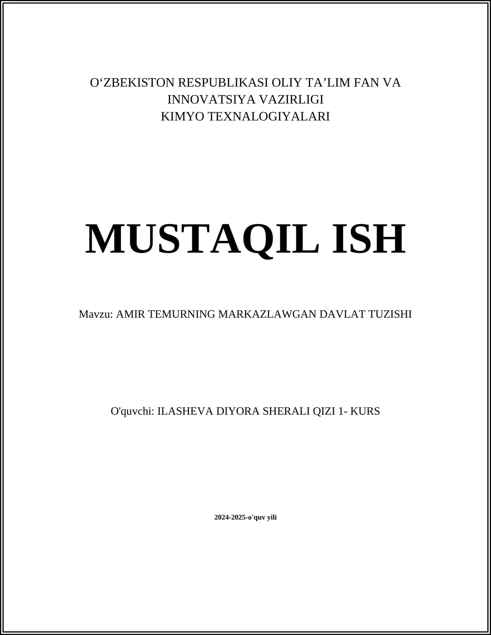 AMIR TEMURNING MARKAZLAWGAN DAVLAT TUZISHI