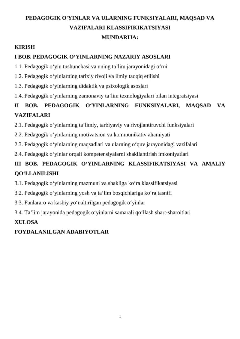 PEDAGOGIK O'YINLAR VA ULARNING FUNKSIYALARI, MAQSAD VA VAZIFALARI KLASSIFIKIKATSIYASI