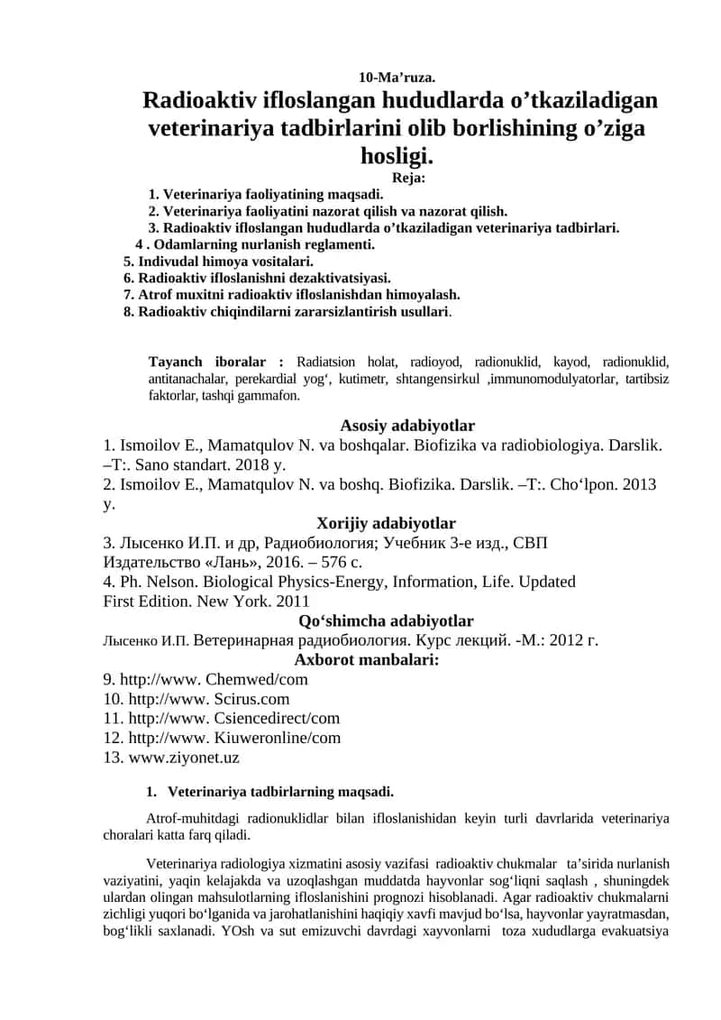 Radioaktiv ifloslangan hududlarda o’tkaziladigan veterinariya tadbirlar