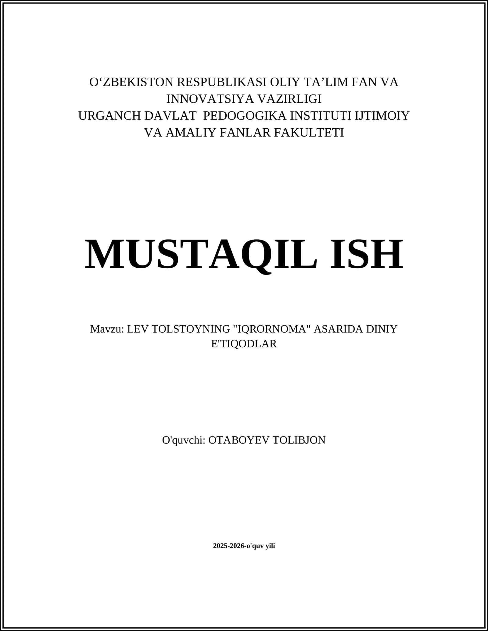 Lev Tolstoyning "Iqrornoma" asarida diniy e'tiqodlar
