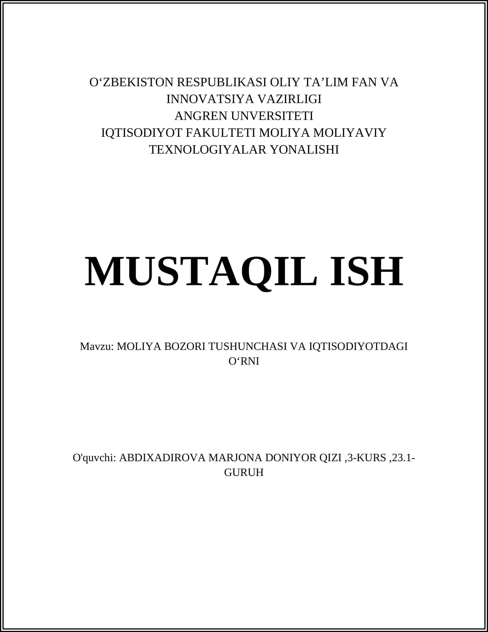 Moliya Bozori Tushunchasi va Iqtisodiyotdagi O‘rni