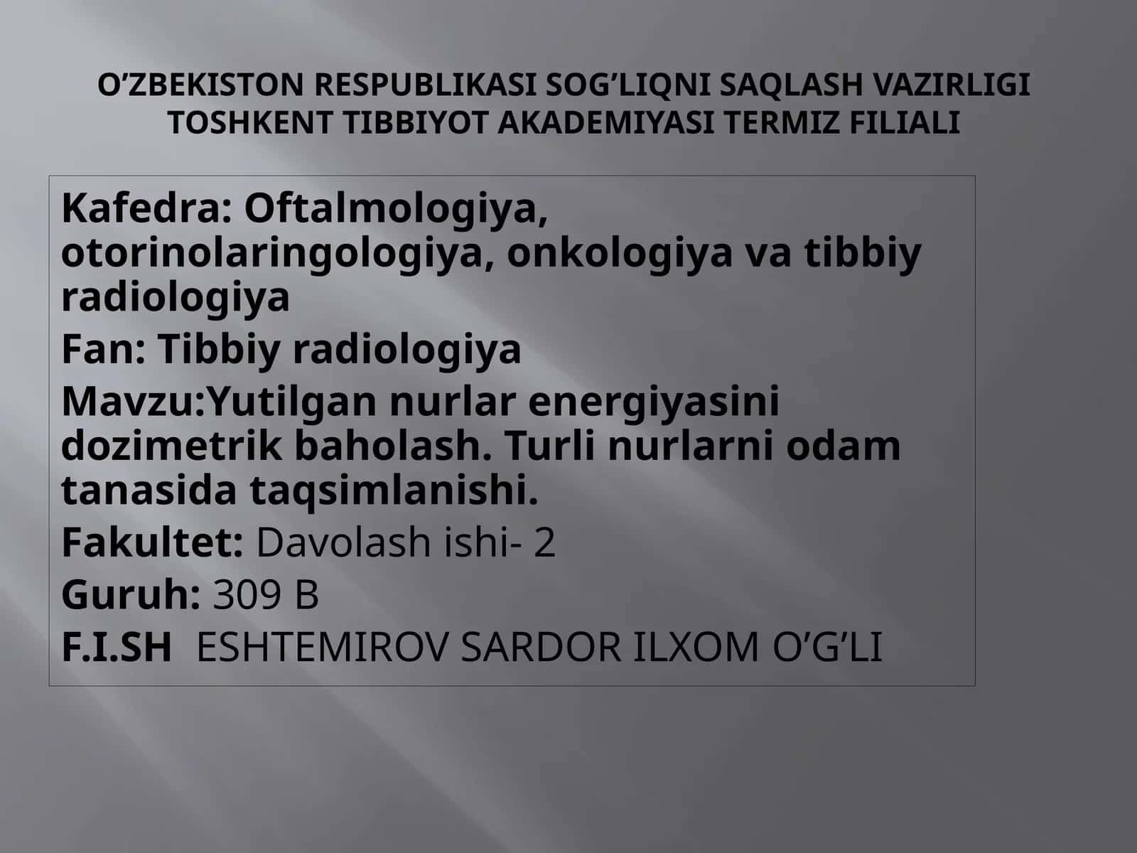 Yutilgannurlarenergiyasinidozimetrikbaholash