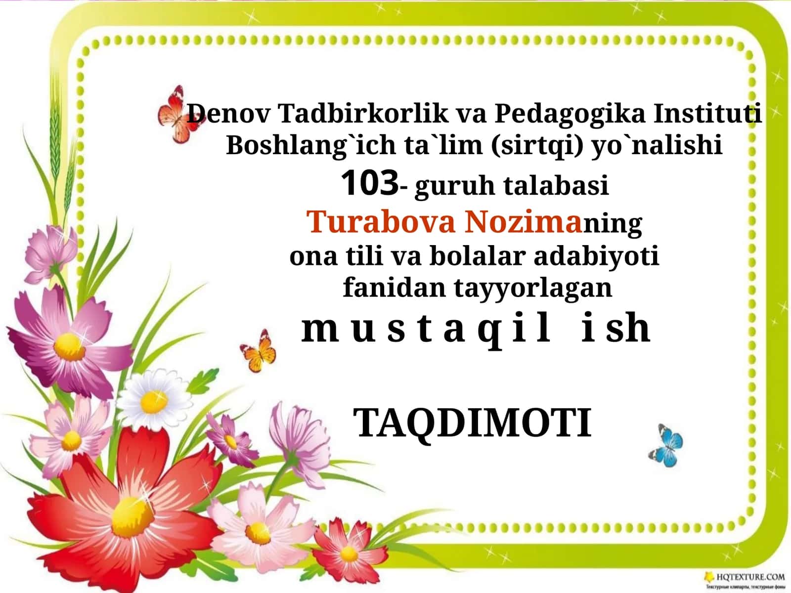 ONA TILI VA BOLALAR ADABIYOTI FANIDAN TAYYORLAGAN TAQDIMOTI