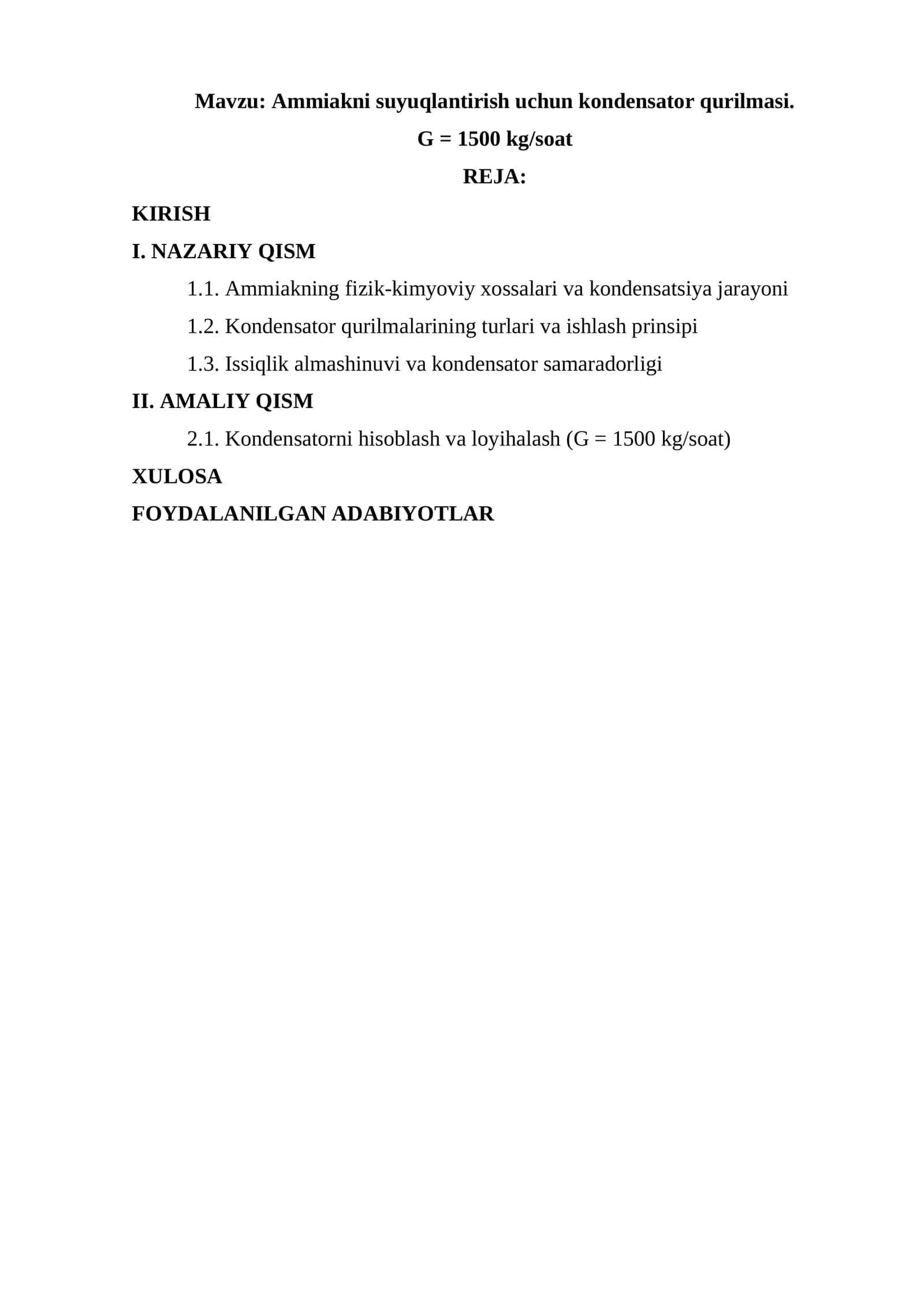 Ammiakni suyuqlantirish uchun kondensator qurilmasi. G = 1500 kg/soat
